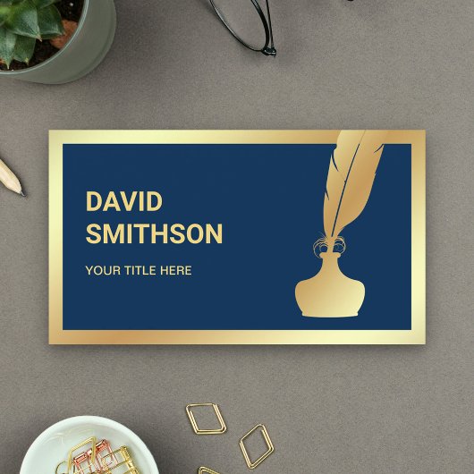 Navy Blue Gold Folie Inkwell Veer Quill Pen Visitekaartje