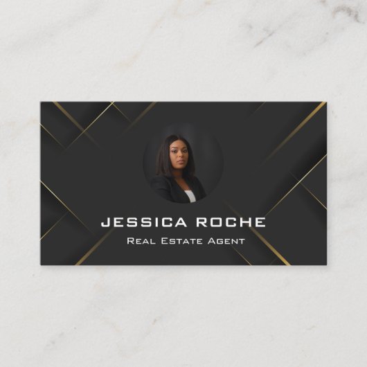 Navy Blue Gold Folie Vastgoed Fotomakelaar QR Visitekaartje (Voorkant)