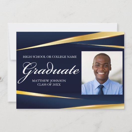 Navy Blue Gold Formal foto geometrisch Afstuderen Aankondiging (Voorkant)