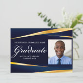 Navy Blue Gold Formal foto geometrisch Afstuderen Aankondiging (Staand voorkant)