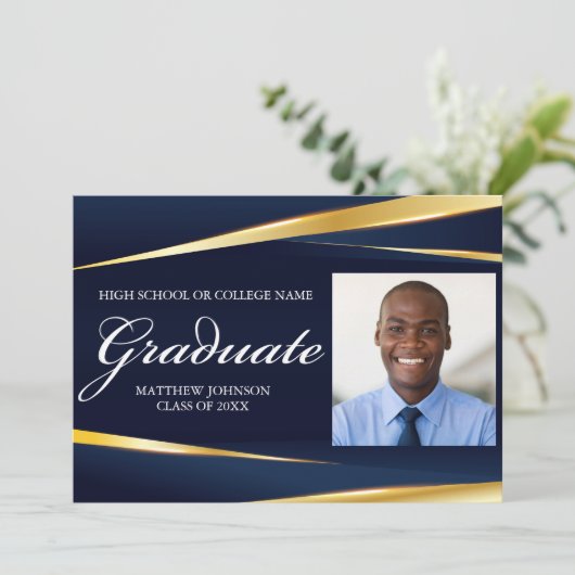 Navy Blue Gold Formal foto geometrisch Afstuderen Aankondiging (Staand voorkant)