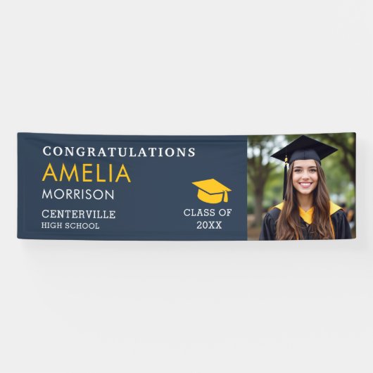 Navy Blue Gold Foto Afstuderen Klasse van Afstuder Spandoek (Horizontaal)