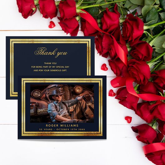 Navy blue gold foto bedankt kaart