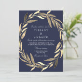 Navy Blue Gold Garden Leaf Wreath Wedding Invite Kaart (Staand voorkant)