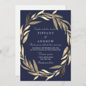 Navy Blue Gold Garden Leaf Wreath Wedding Invite Kaart (Voorkant / Achterkant)