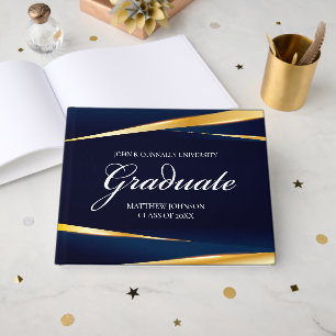 Navy Blue Gold Geometric Custom Formele Afstuderen Gastenboek