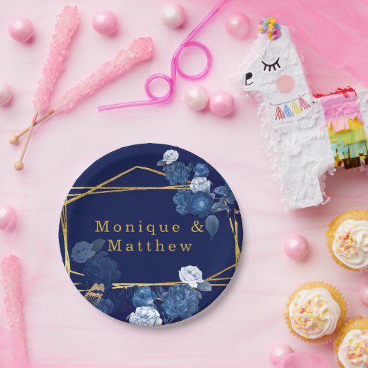 Navy Blue & Gold Geometric Floral Wedding Papieren Bordje (Feest)