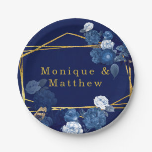 Navy Blue & Gold Geometric Floral Wedding Papieren Bordje