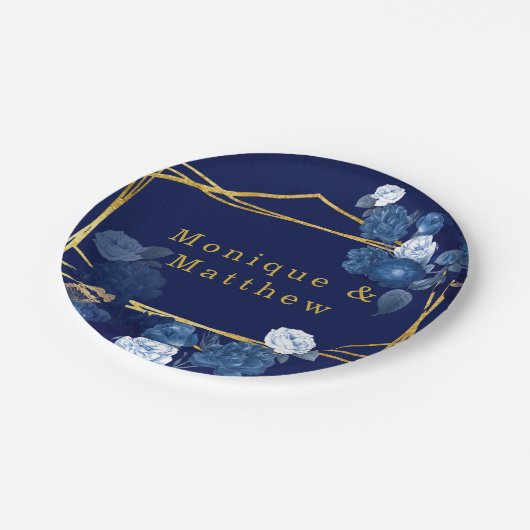 Navy Blue & Gold Geometric Floral Wedding Papieren Bordje (Gekanteld)