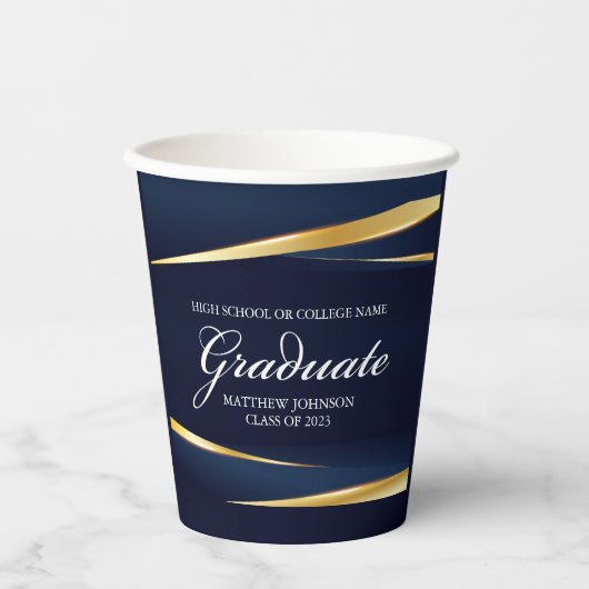 Navy Blue Gold Geometric Photo Graduparty Papieren Bekers (Voorkant)