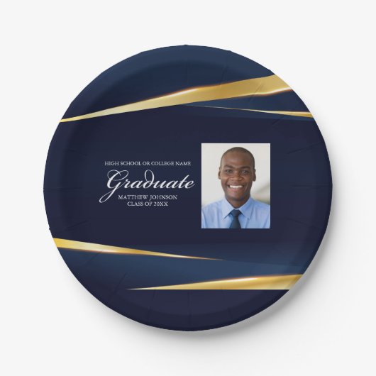 Navy Blue Gold Geometric Photo Graduparty Papieren Bordje (Voorkant)
