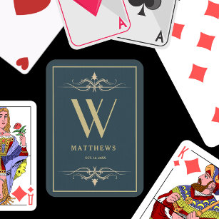 Navy blue gold Gepersonaliseerd monogram en naam Pokerkaarten