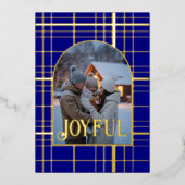 Navy Blue & Gold Gingham Kerstvakantie Foto Folie Feestdagenkaart (Voorkant)