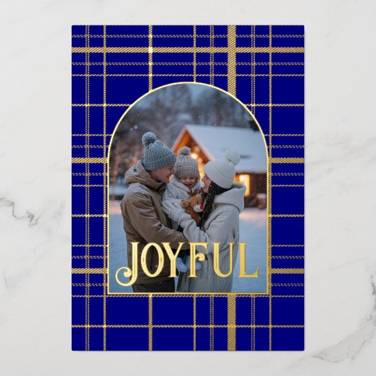 Navy Blue & Gold Gingham Kerstvakantie Foto Folie Feestdagenkaart (Voorkant)