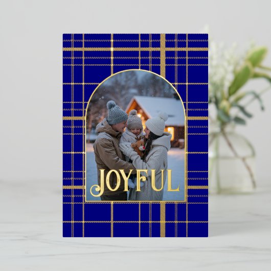 Navy Blue & Gold Gingham Kerstvakantie Foto Folie Feestdagenkaart (Staand Voorkant)
