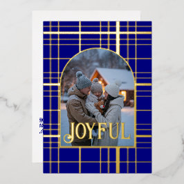Navy Blue & Gold Gingham Kerstvakantie Foto Folie Feestdagenkaart