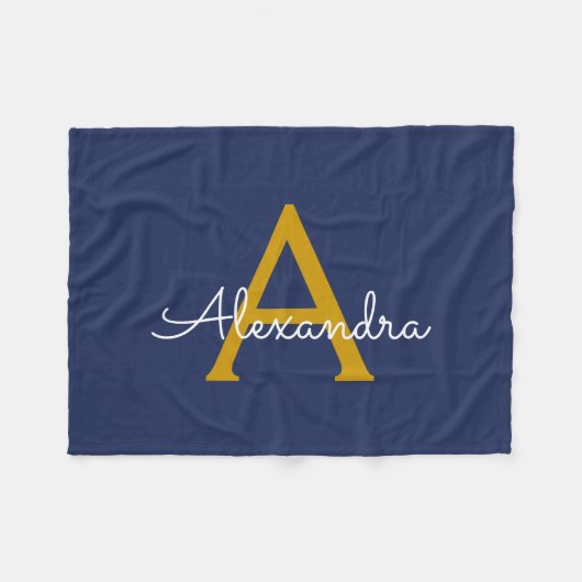 Navy Blue Gold Girly Monogram Naam Modern Fleece Deken (Voorkant (Horizontaal))