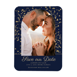 Navy Blue Gold Glitter Arch Dome Photo Weddenschap Magneet