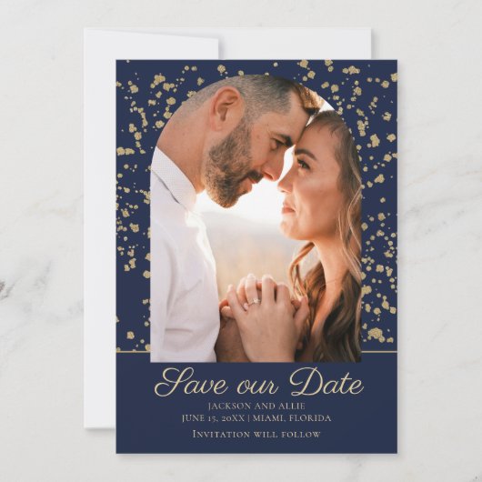 Navy Blue Gold Glitter Arch Dome Photo Weddenschap Save The Date (Voorkant)