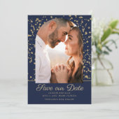 Navy Blue Gold Glitter Arch Dome Photo Weddenschap Save The Date (Staand voorkant)