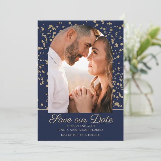 Navy Blue Gold Glitter Arch Dome Photo Weddenschap Save The Date (Staand voorkant)