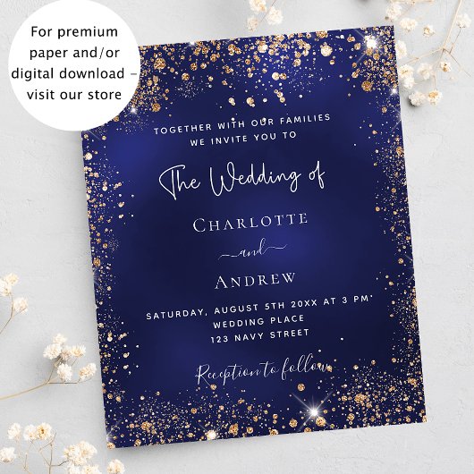 Navy blue gold glitter budget bruiloft uitnodiging