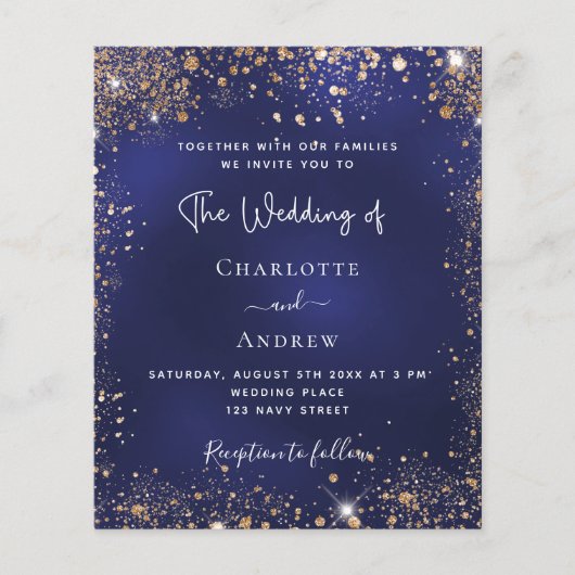Navy blue gold glitter budget bruiloft uitnodiging (Voorkant)
