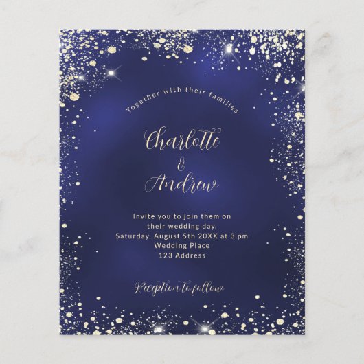 Navy blue gold glitter budget bruiloft uitnodiging flyer (Voorkant)