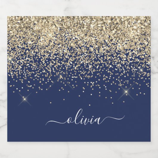 Navy Blue Gold Glitter Chic Monogram Naam Likeurfles Etiket (Enkel label)