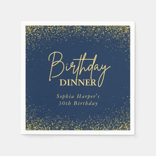 Navy Blue Gold Glitter Confetti Birthday Dinner Servet (Voorkant)