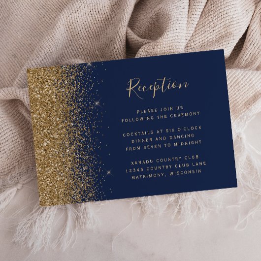 Navy Blue Gold Glitter Edge Weddenschappen Informatiekaartje