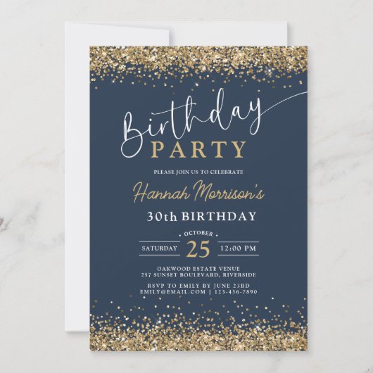 Navy Blue Gold Glitter Elke Leeftijd 30e Verjaarda Kaart (Voorkant)