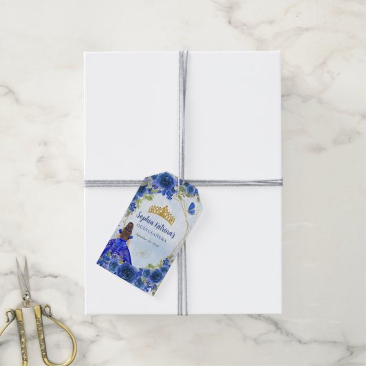 Navy Blue Gold Glitter Floral Princess Tiara Favor Cadeaulabel (Met Touw)