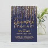 Navy Blue Gold Glitter Fringe Curtain Quinceañera Kaart (Staand voorkant)