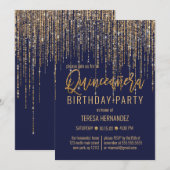 Navy Blue Gold Glitter Fringe Curtain Quinceañera Kaart (Voorkant / Achterkant)