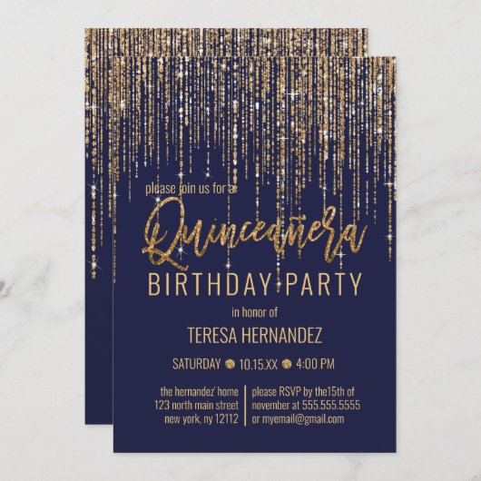Navy Blue Gold Glitter Fringe Curtain Quinceañera Kaart (Voorkant / Achterkant)