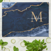 Navy Blue Gold Glitter Geode Marmeren Chic Monogra Theedoek (Gevouwen)
