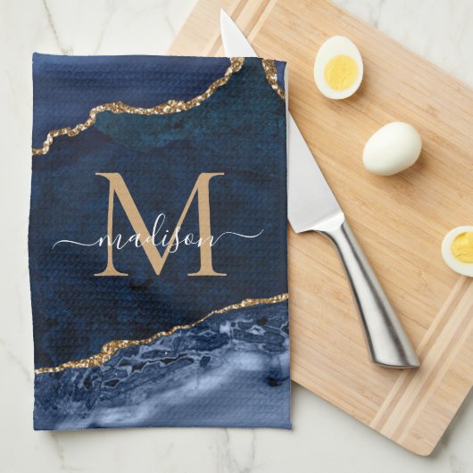 Navy Blue Gold Glitter Geode Marmeren Chic Monogra Theedoek (Quarter Fold)