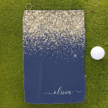 Navy Blue Gold Glitter Girly Monogram Naam Golfhanddoek<br><div class="desc">Navy Blue en Gold Sparkle Glitter,  geborsteld Metaal Monogram Naam Golfhanddoek. Dit maakt de perfecte liefhebbende 16 verjaardag,  bruiloft,  vrijgezellenfeest,  verjaardagsdag,  baby shower of vrijgezellenfeest voor iemand die van luxe glam en stijl houdt.</div>
