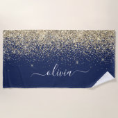 Navy Blue Gold Glitter Girly Monogram Naam Strandlaken (Voorkant)