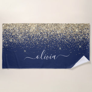 Navy Blue Gold Glitter Girly Monogram Naam Strandlaken