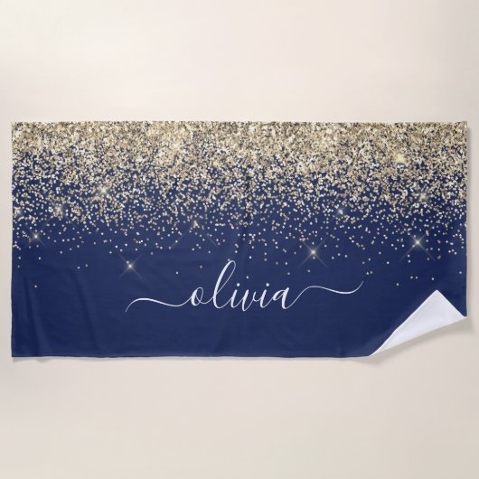 Navy Blue Gold Glitter Girly Monogram Naam Strandlaken (Voorkant)