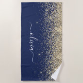 Navy Blue Gold Glitter Girly Monogram Naam Strandlaken (Voorkant)
