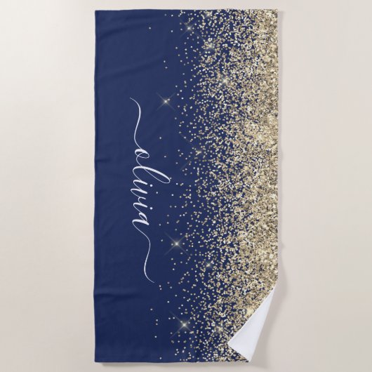 Navy Blue Gold Glitter Girly Monogram Naam Strandlaken (Voorkant)