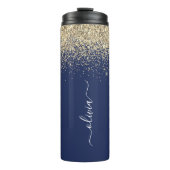 Navy Blue Gold Glitter Girly Monogram Naam Thermosbeker (Voorkant)