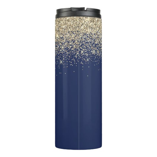 Navy Blue Gold Glitter Girly Monogram Naam Thermosbeker (Achterkant)