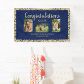 Navy Blue Gold Glitter Graduparty foto Spandoek (Insitu)