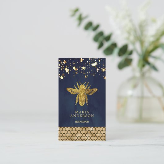 Navy Blue Gold Glitter Honey Bee Visitekaartje (Staand voorkant)