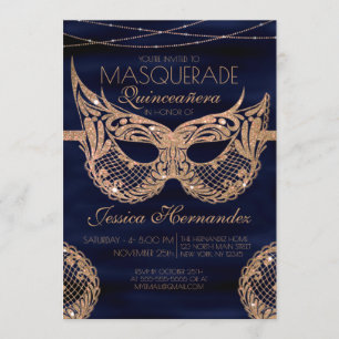 Navy Blue Gold Glitter Kant Masquerade Quinceañera Kaart