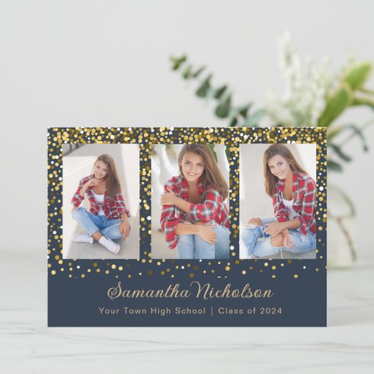 Navy Blue Gold Glitter Klasse van 2024 Afstuderen (Staand voorkant)